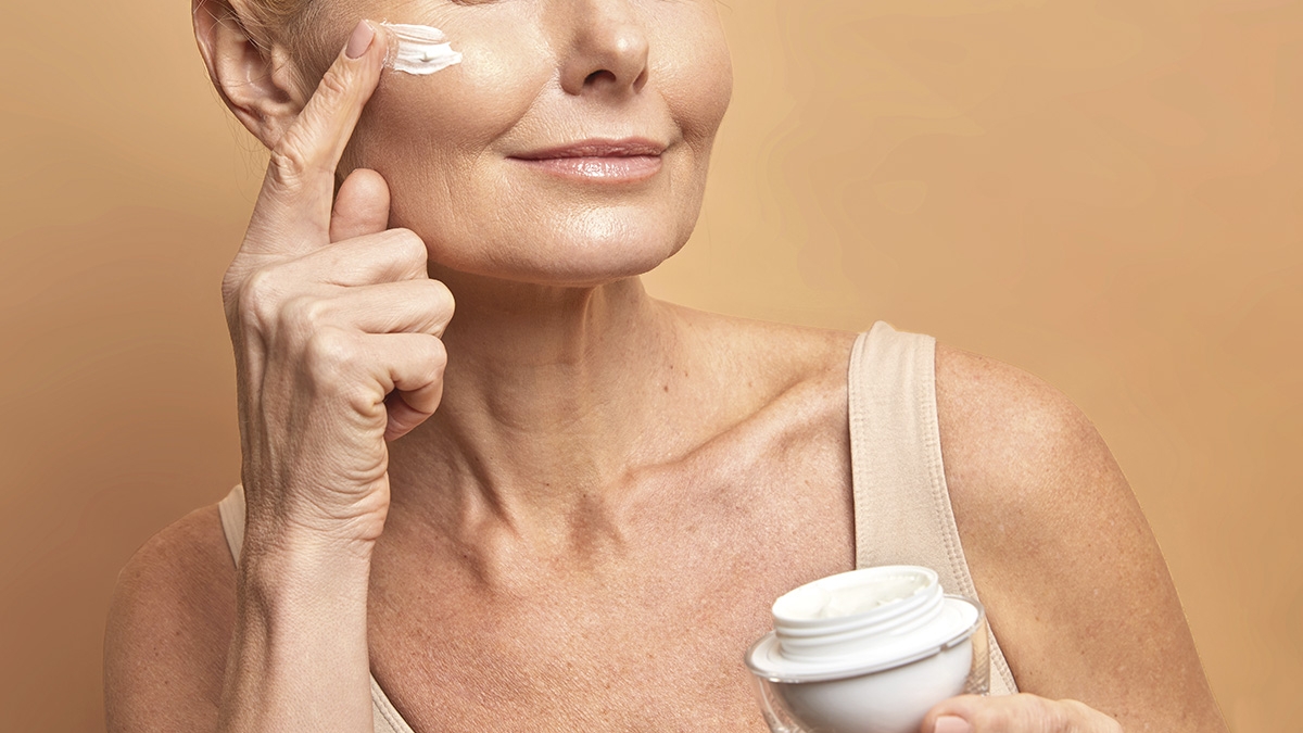 mulher, creme, protetor solar